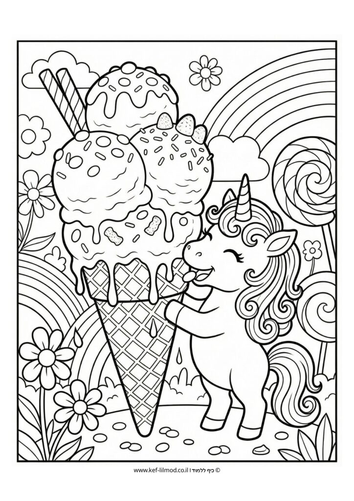 דפי צביעה להדפסה - חד קרן אוכל גלידה