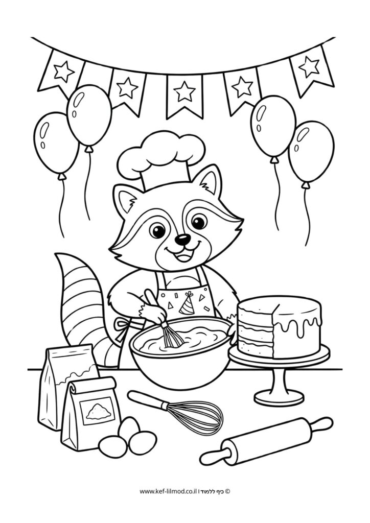 דפי צביעה להדפסה - דביבון מכין עוגת יום הולדת