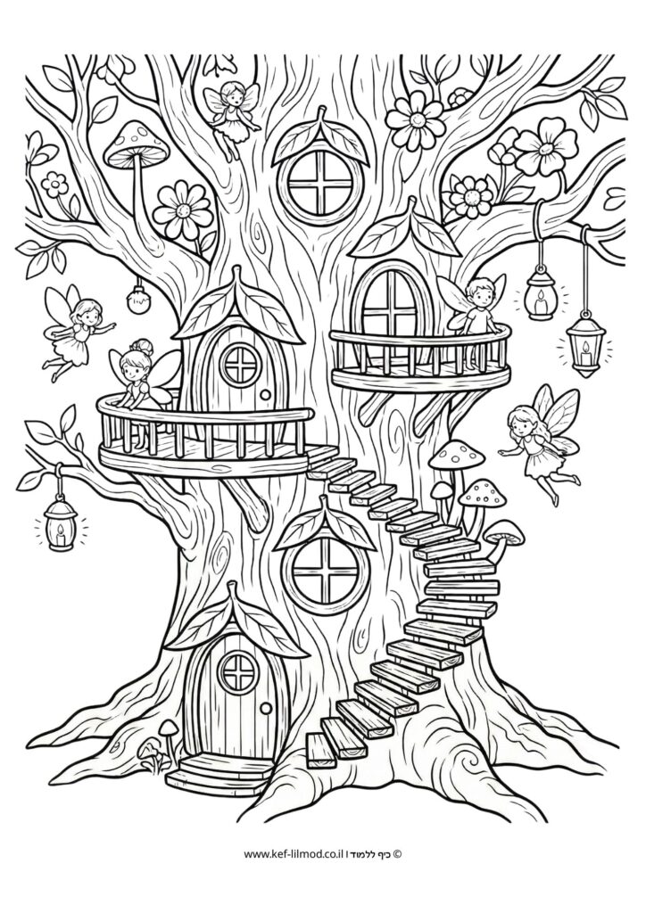 דפי צביעה להדפסה - בית עץ של פיות