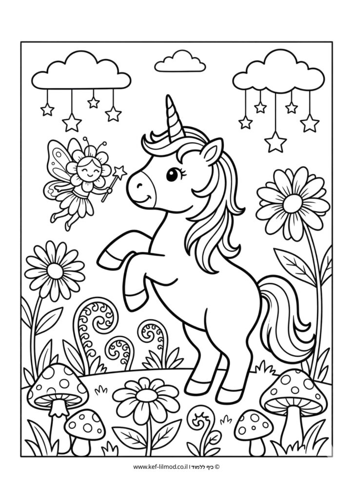 מגוון דפי צביעה של חדי קרן ופיות להורדה ולהדפסה בחינם מהאתר כיף ללמוד.