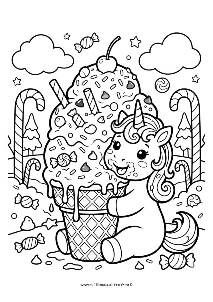 דפי צביעה להדפסה - חד קרן אוכל גלידה