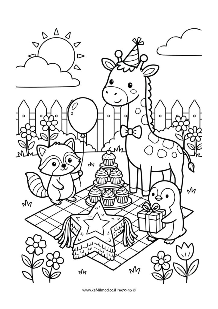 דפי צביעה להדפסה - חיות חוגגות יום הולדת בפיקניק