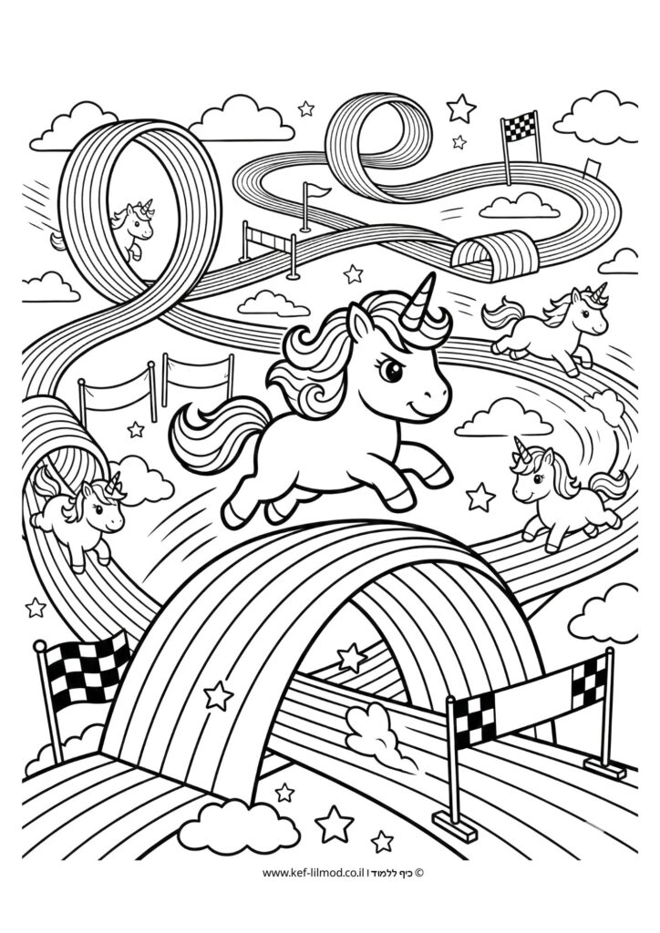 דפי צביעה להדפסה - חד קרן במסלול מכשולים