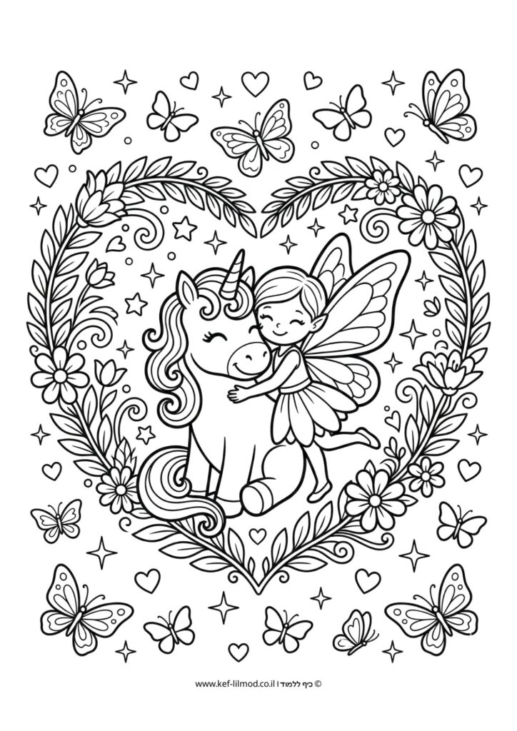 דפי צביעה להדפסה - פיה וחד קרן בתוך לב