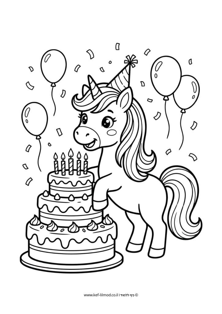 דפי צביעה להדפסה - חד קרן עם עוגת יום הולדת