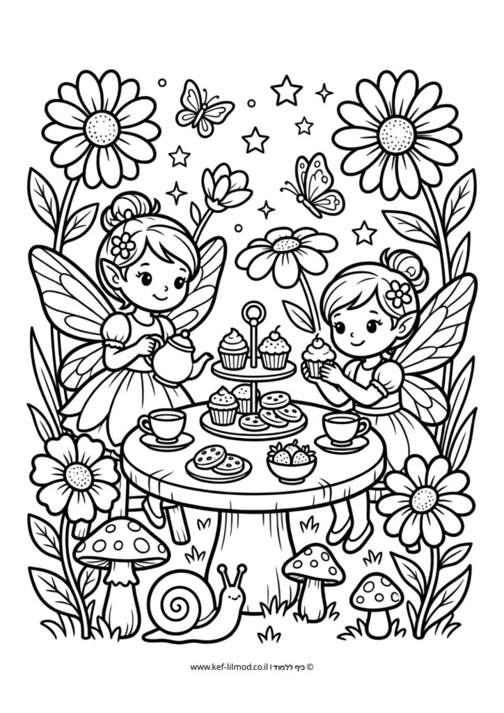 דפי צביעה להדפסה - פיות במסיבת תה